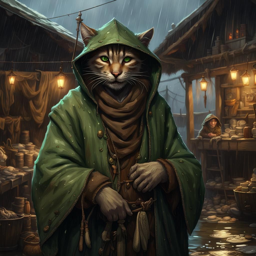 Tabaxi Trader in Rainy Fishing Village, Dark Fantasy Art