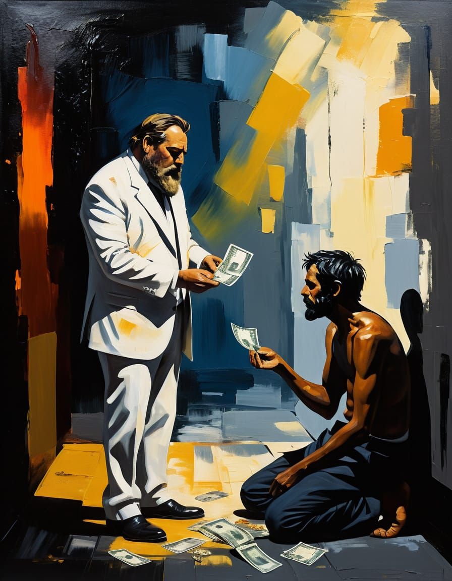 Elegant Man Gives Banknotes in Impasto Oil Painting