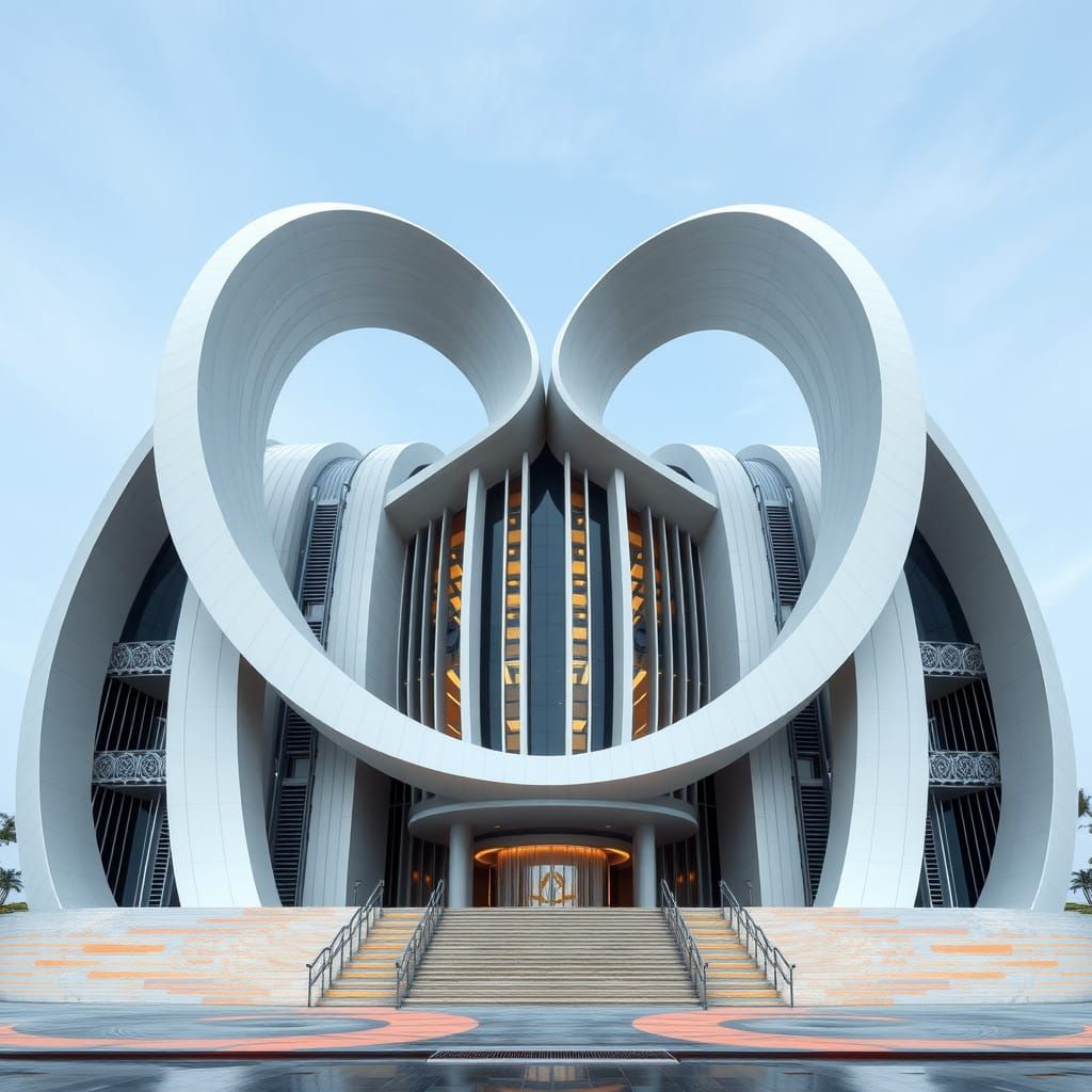 Sleek Futuristic Building in Eight Shape with Infinity Symbo...