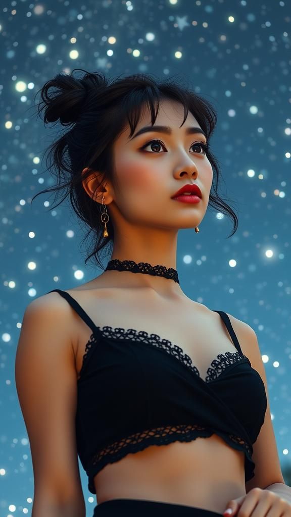 Oriental Woman Under Twinkling Stars, Watercolor Painting