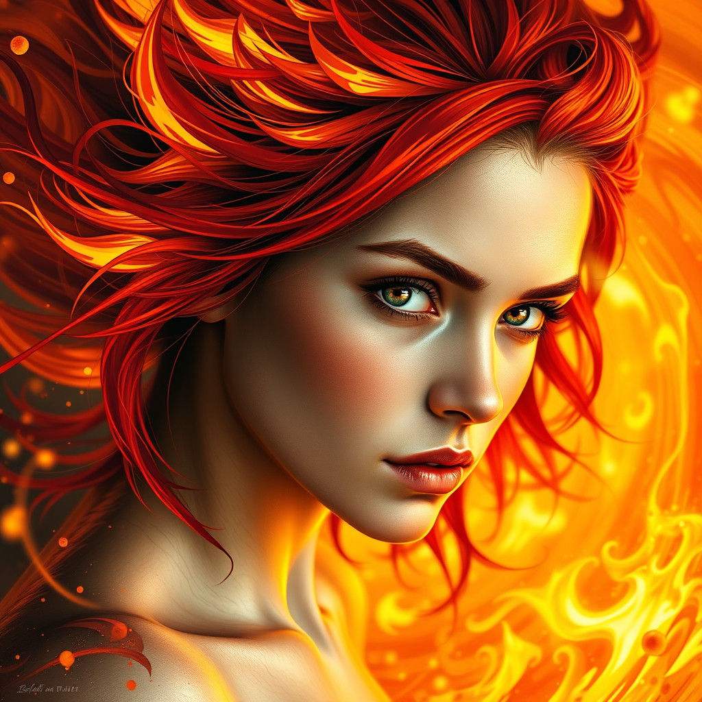 Fiery Woman Portrait in Hyperrealistic Splash Art