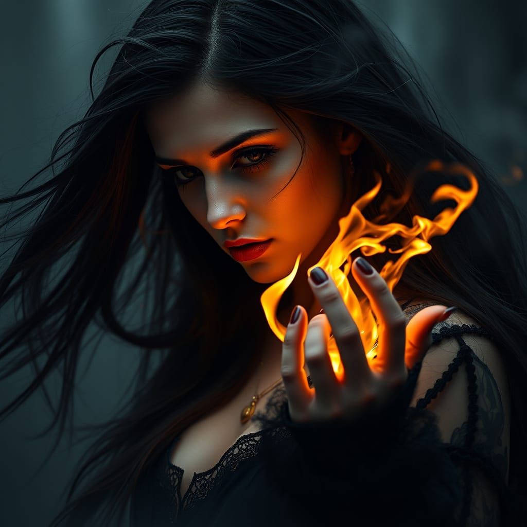 Melancholy Gothic Woman with Flames, Dreamlike Art