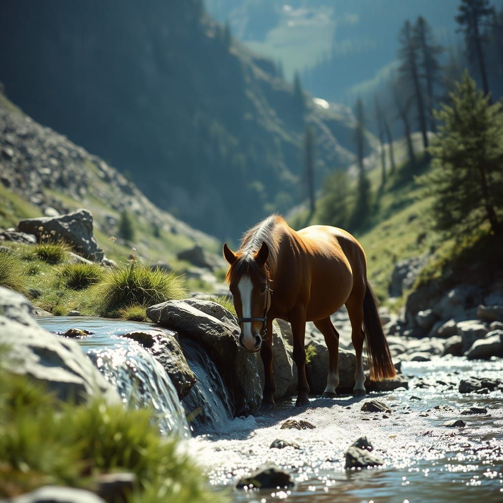 Elegant Mare Drinks from Wild Mountain Brook in Cinematic Li...
