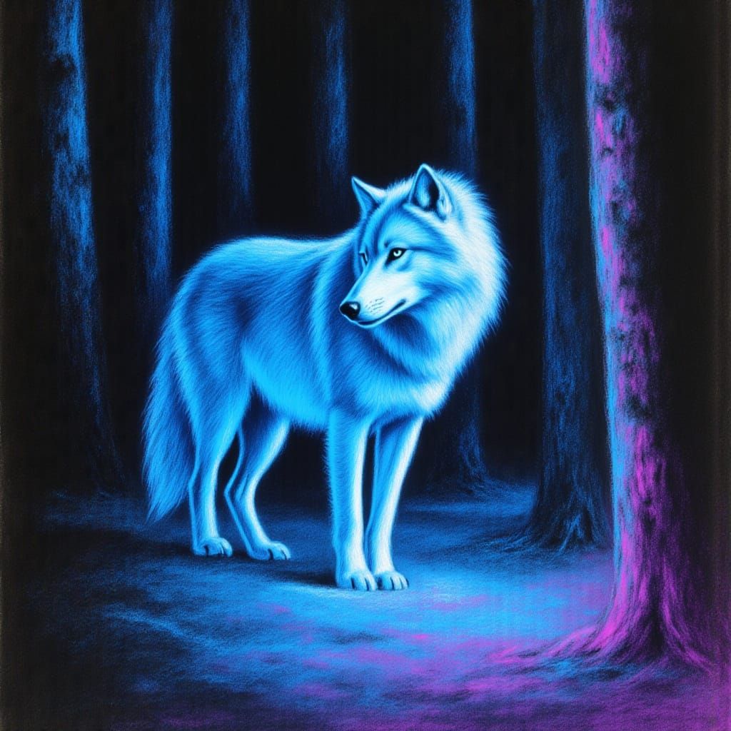 Neon Charcoal Portrait of a White Wolf in Snowy Forest