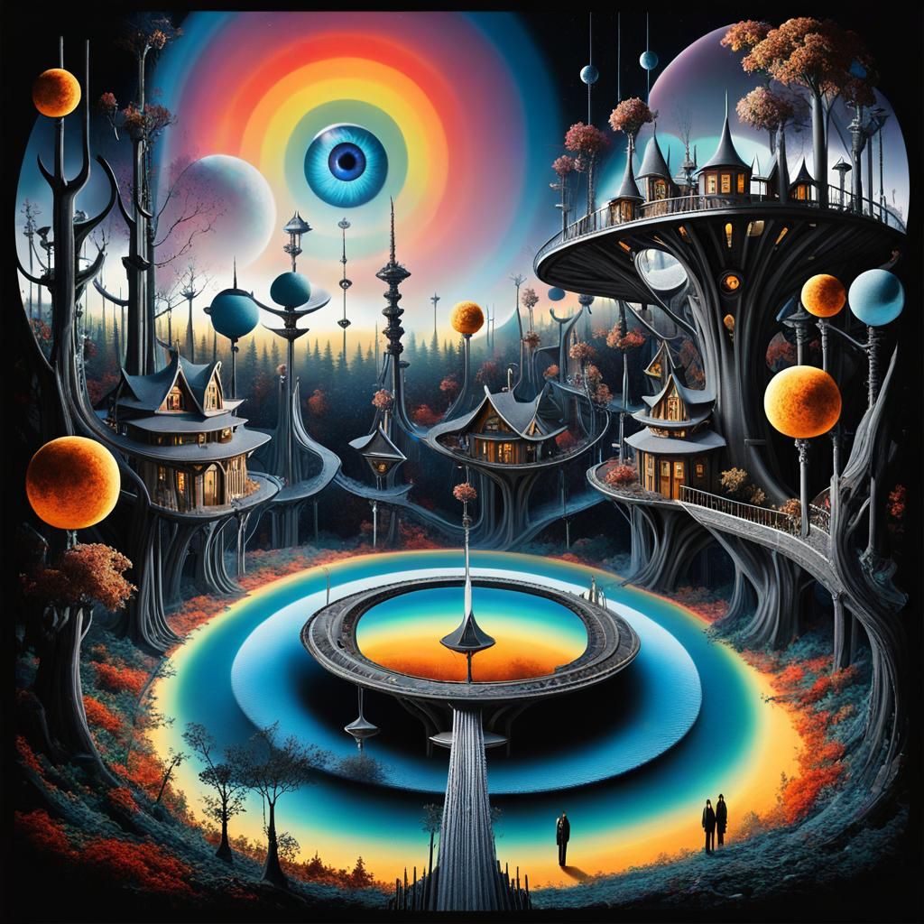 An Autumn city made of Tree houses on a forest planet with two moons ,a fairy godmother watches over, a surreal dig...