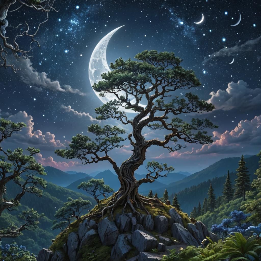 Breathtaking Forest Landscape with Crescent Moon