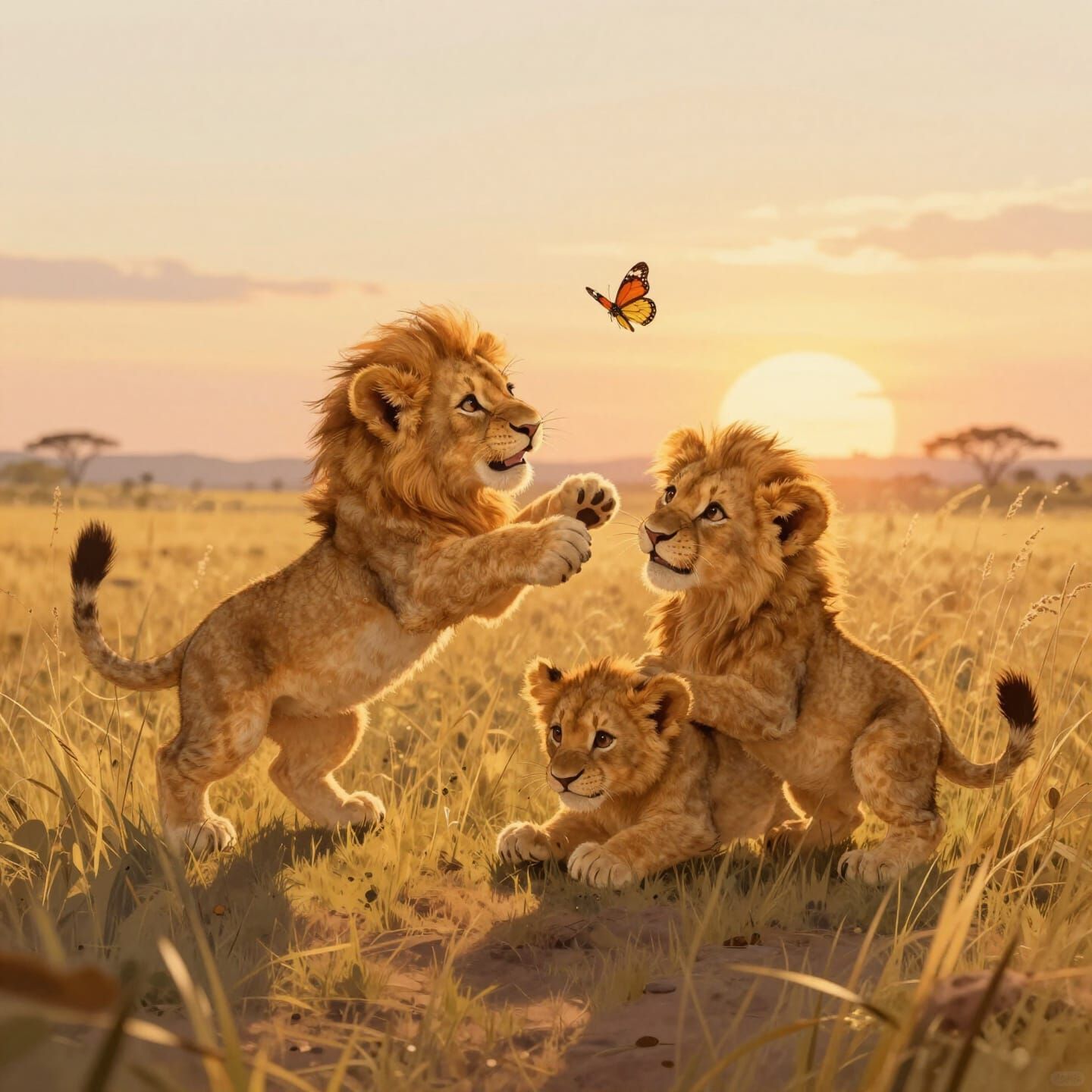 Adorable Lion Cubs Play in Golden Savanna at Sunset