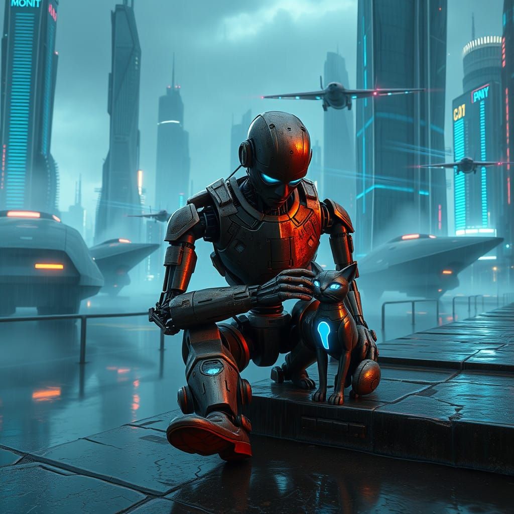 Humanoid Robot Contemplates Futuristic Metropolis in Distres...