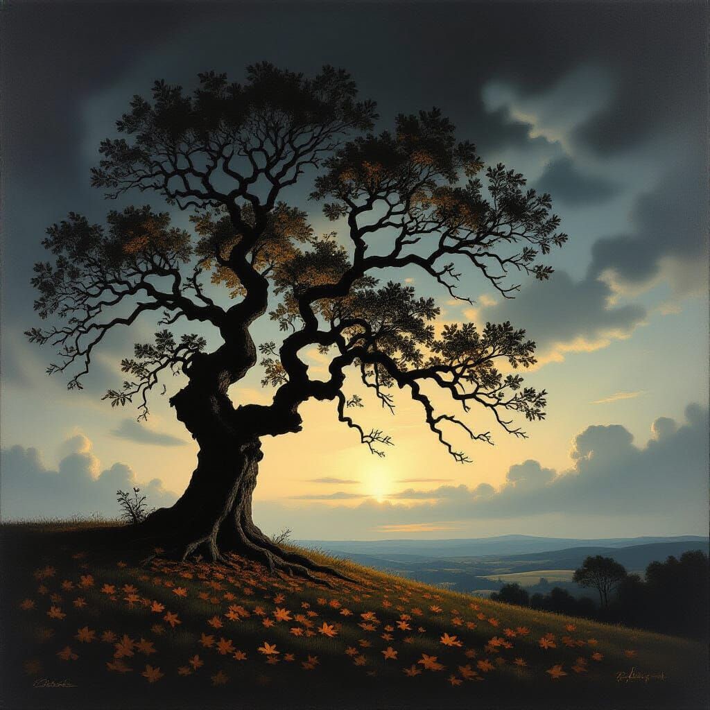 Ancient Oak on Windswept Hill at Twilight