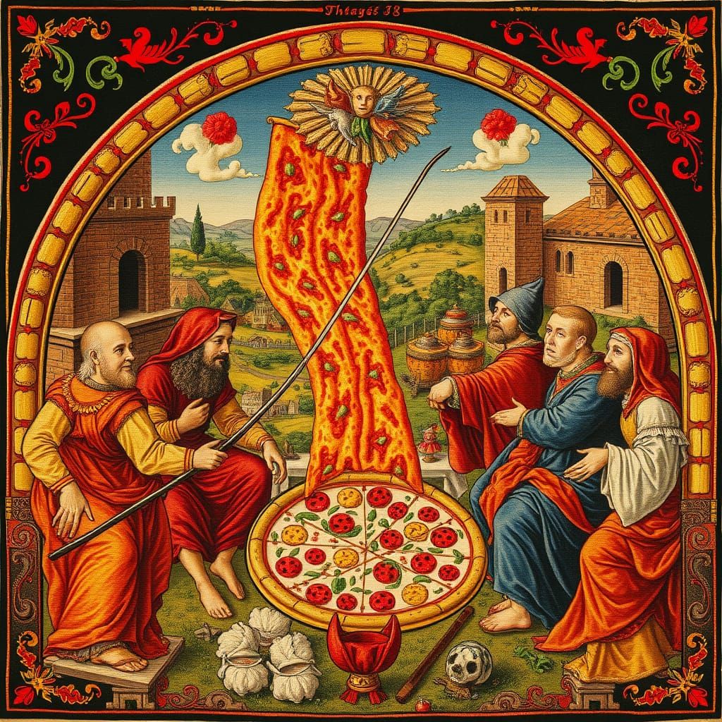 Surreal Medieval Scene Depicts Pizza Battle in a Fantastical...