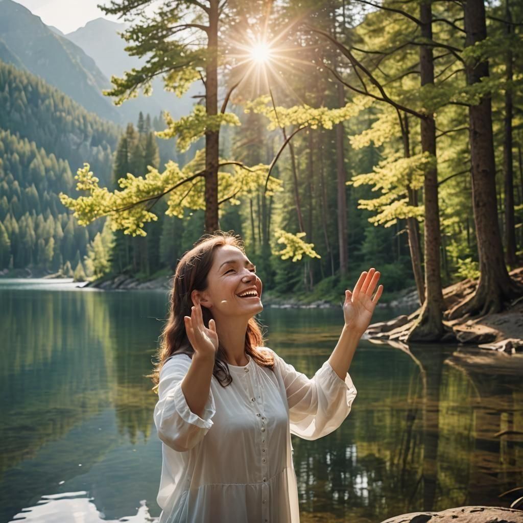 Smiling Woman Worshiping in Divine Sunshine