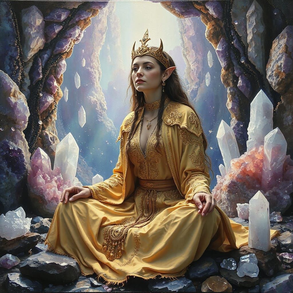 Elven Sorceress Meditating in Crystalline Cavern