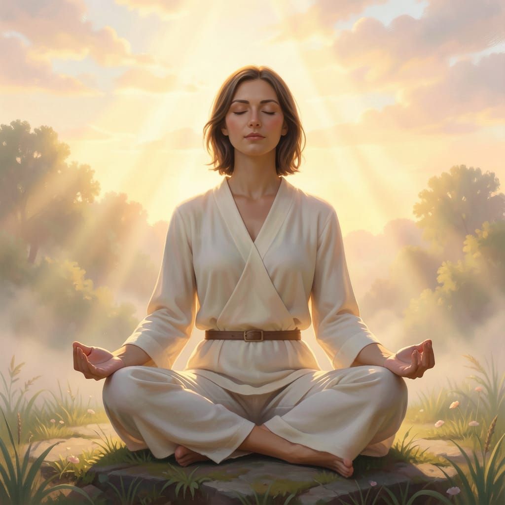 Serene Woman Meditating at Sunrise in Ethereal Mist