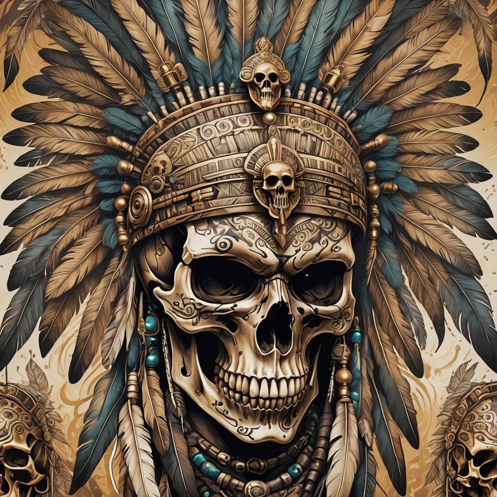 Native Headdress Skull Tattoo in Anime Style