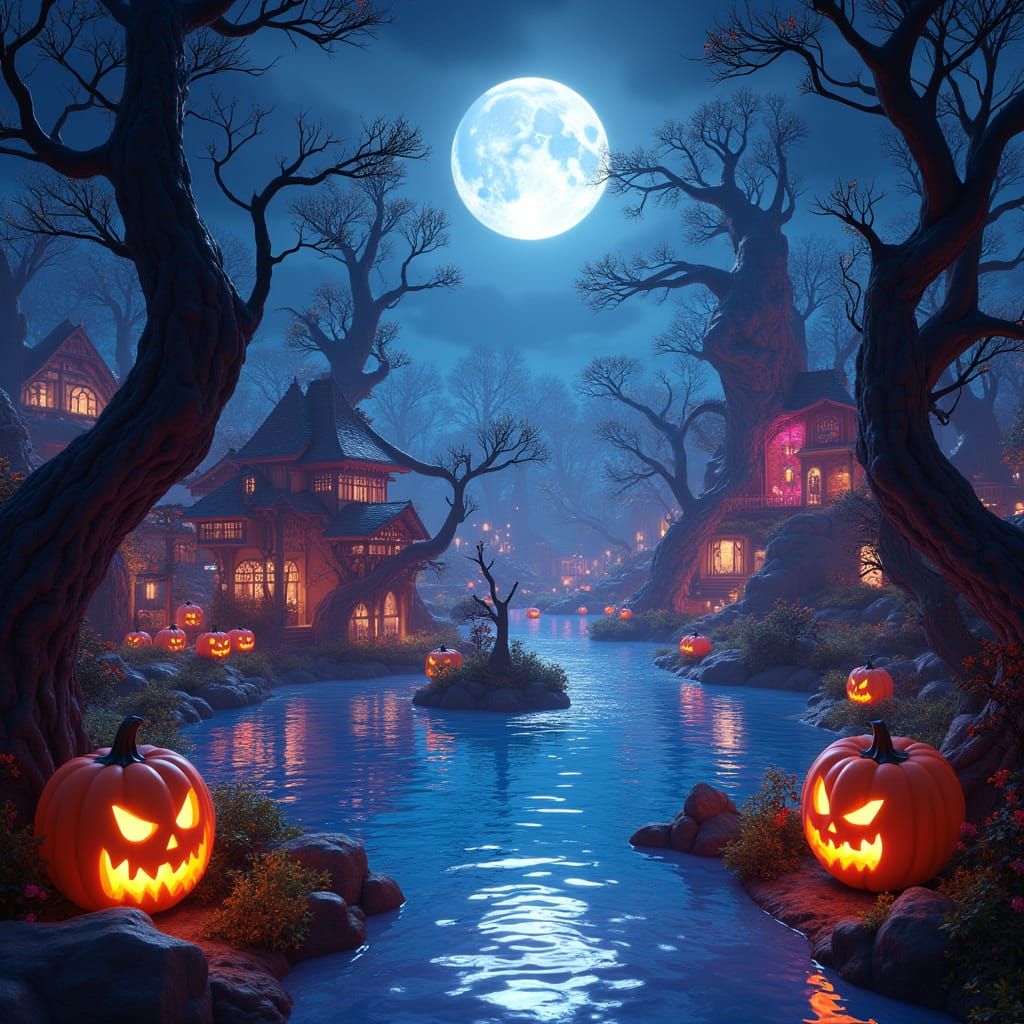 Vibrant Halloween Water Park in a Dreamlike Forest
