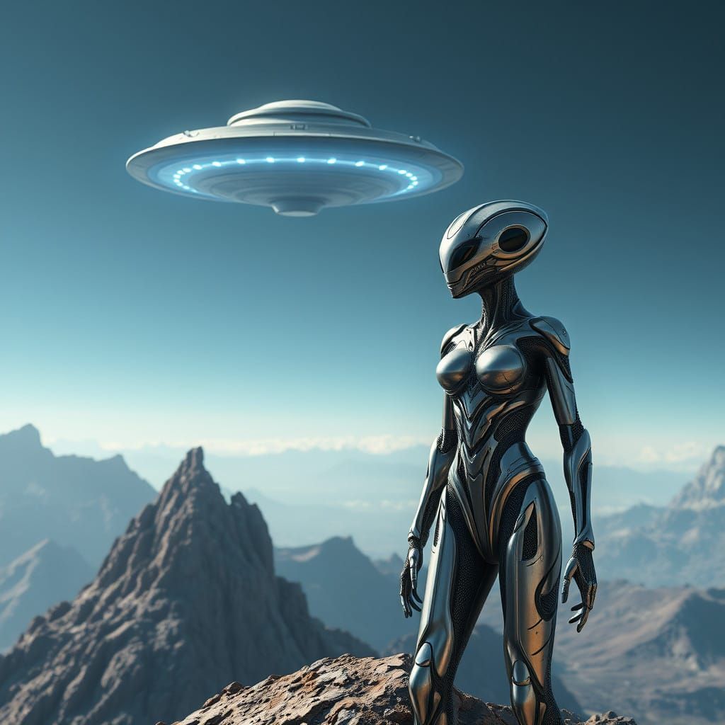 Ethereal Female Alien on Sacred Mountain Amidst UFO Hysteria