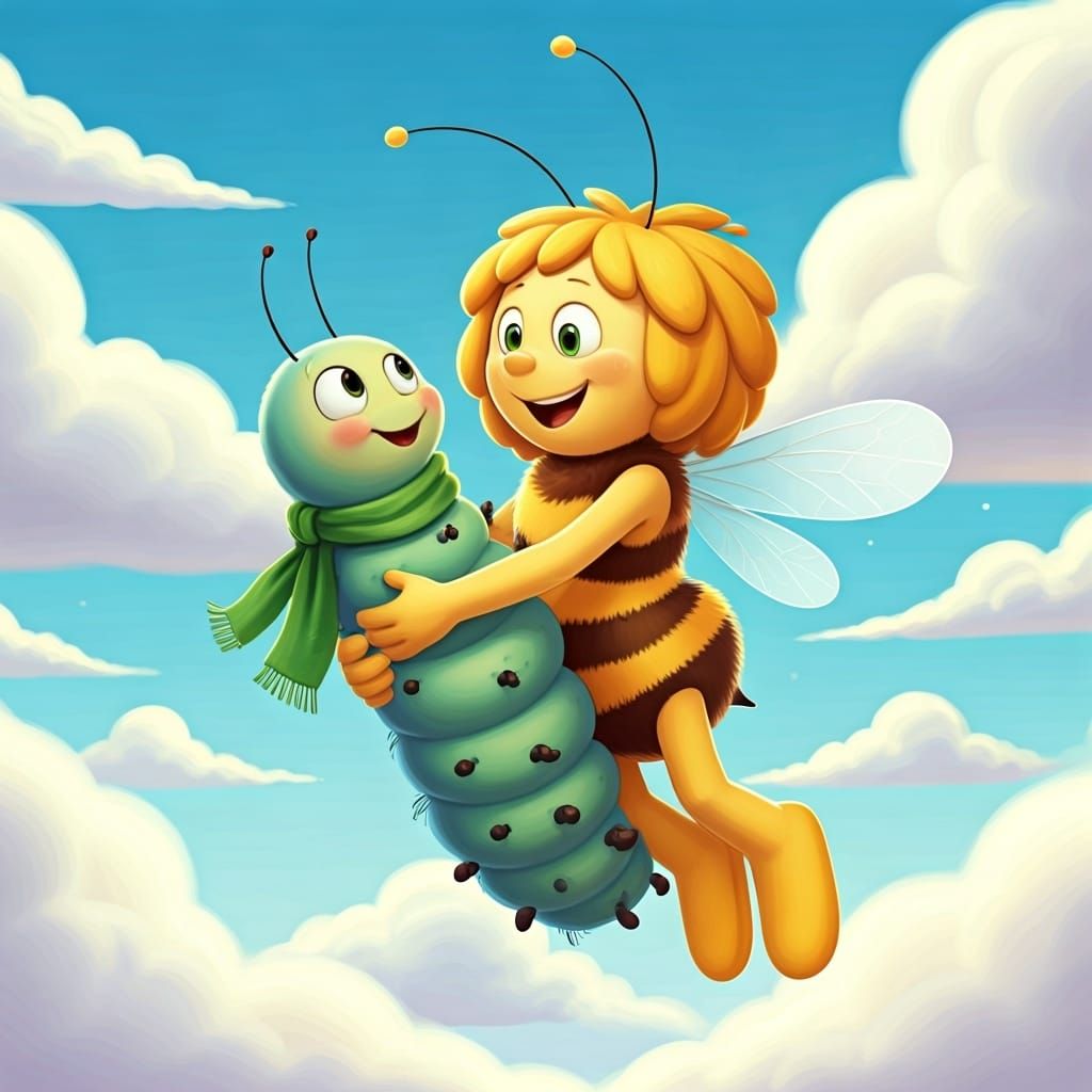 Maya the Bee Carries Caterpillar in Whimsical Sky