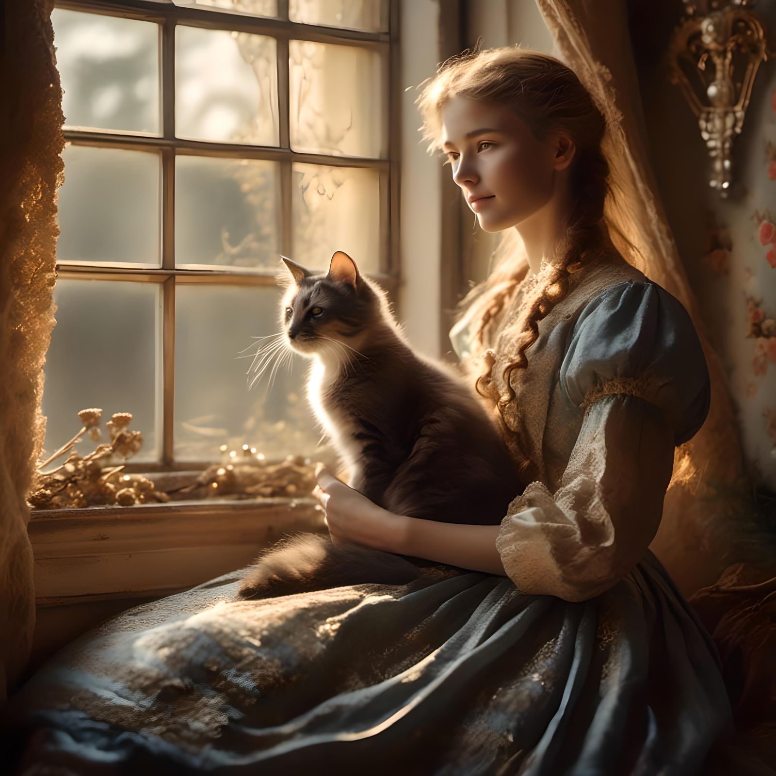 Victorian Peasant Girl with Kitten Portrait