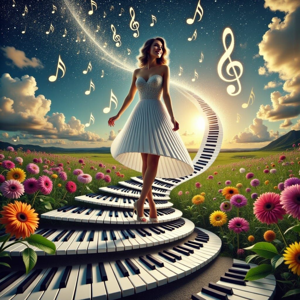 Woman Ascends Piano Key Stairway to Heavenly Realm