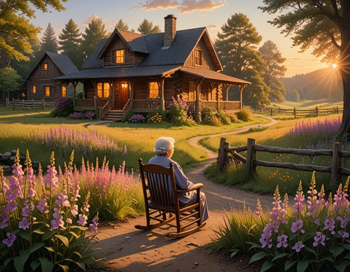 Idyllic Cabin Scene in Thomas Kinkade Style