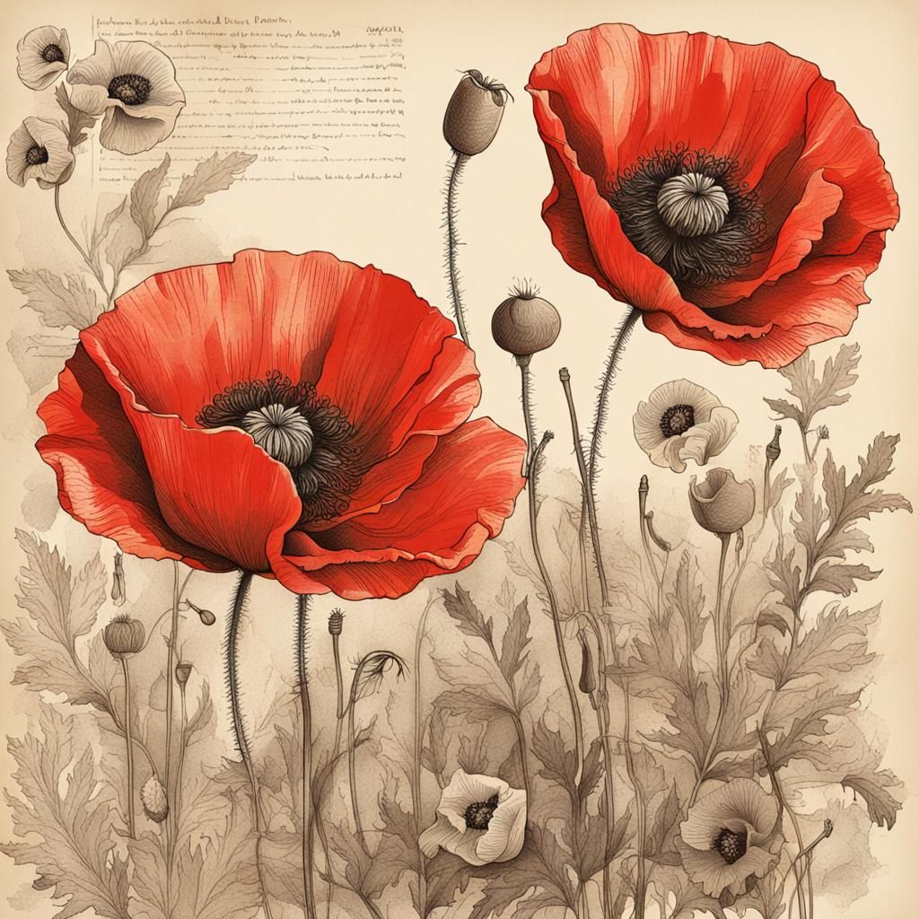 Red Poppy Ink Illustration in Sepia Tones