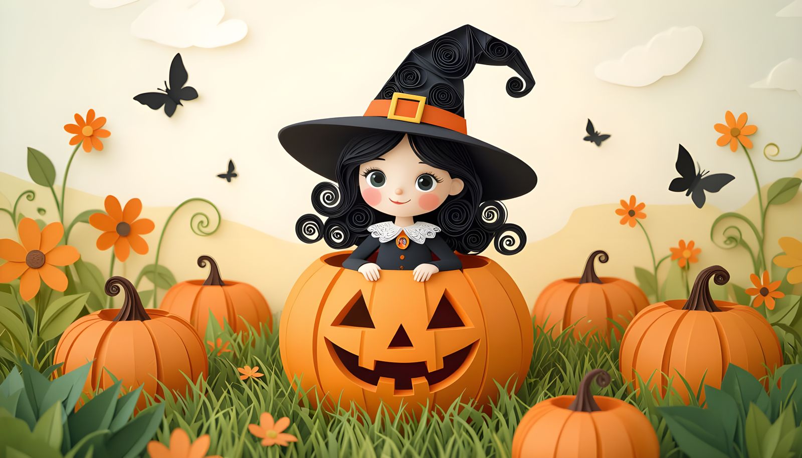 Cute Paper Witch in Pumpkin Patch Illustration