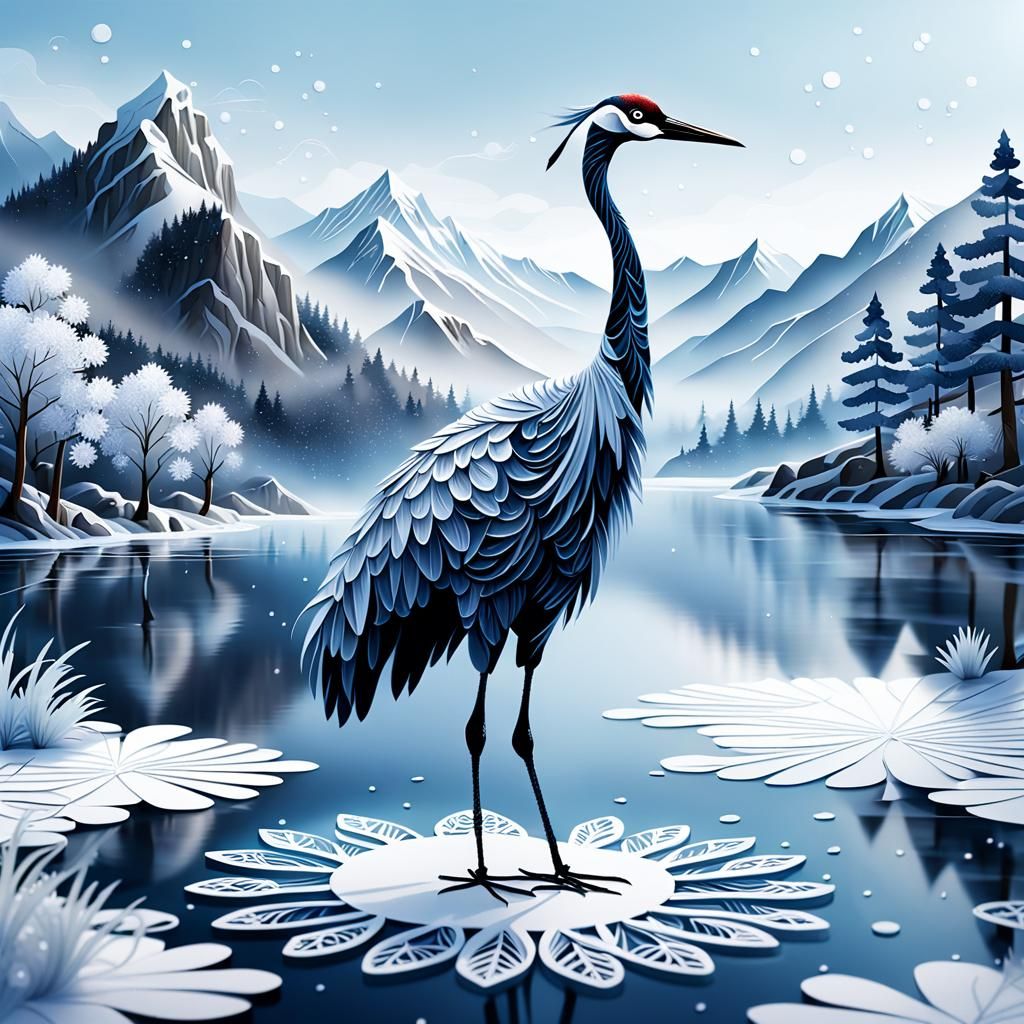 Crane in Winter Lake with Paper Snowflakes