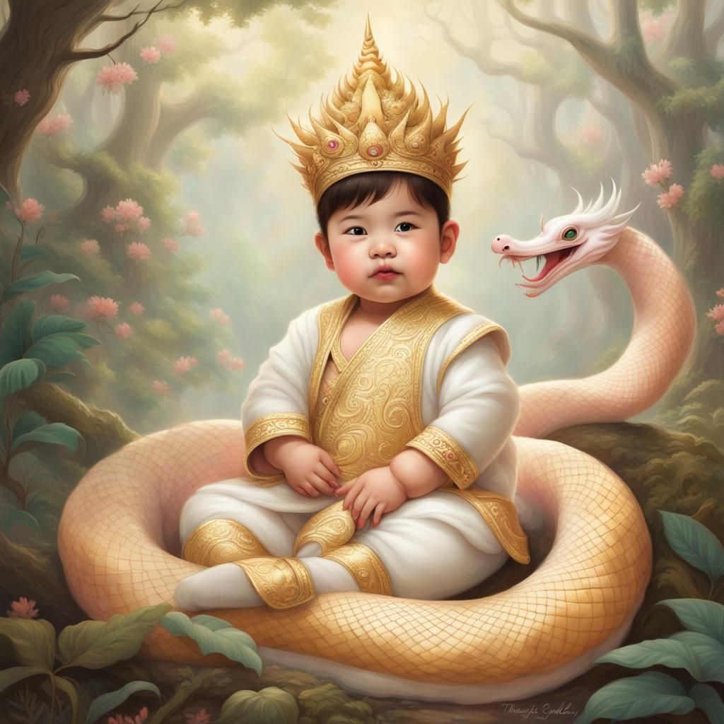 Chubby Naga Prince in Pastel Forest, Digital Art