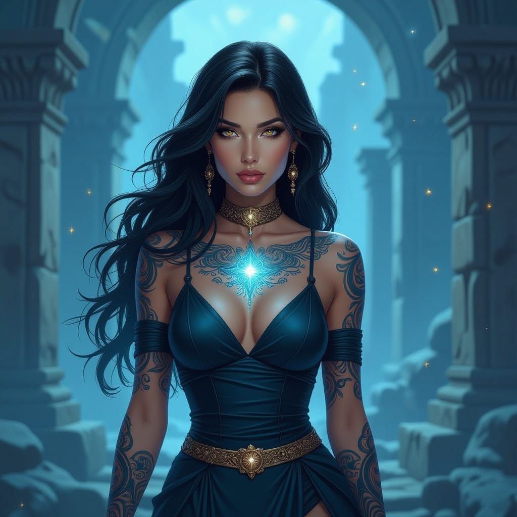 Woman with Glowing Tattoos in Ruins, Comic Style