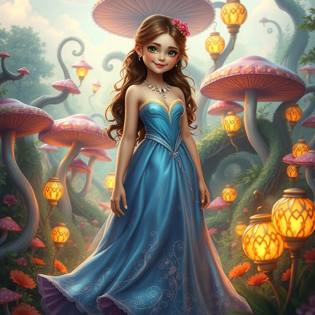 Whimsical Fairy Tale Girl in Vibrant Wonderland