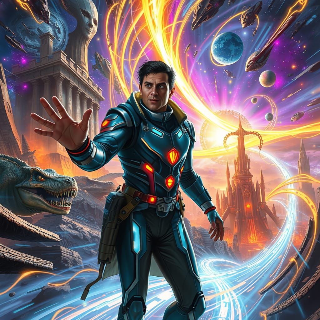 Time Traveler in Swirling Vortex of Lights and Ancient Ruins