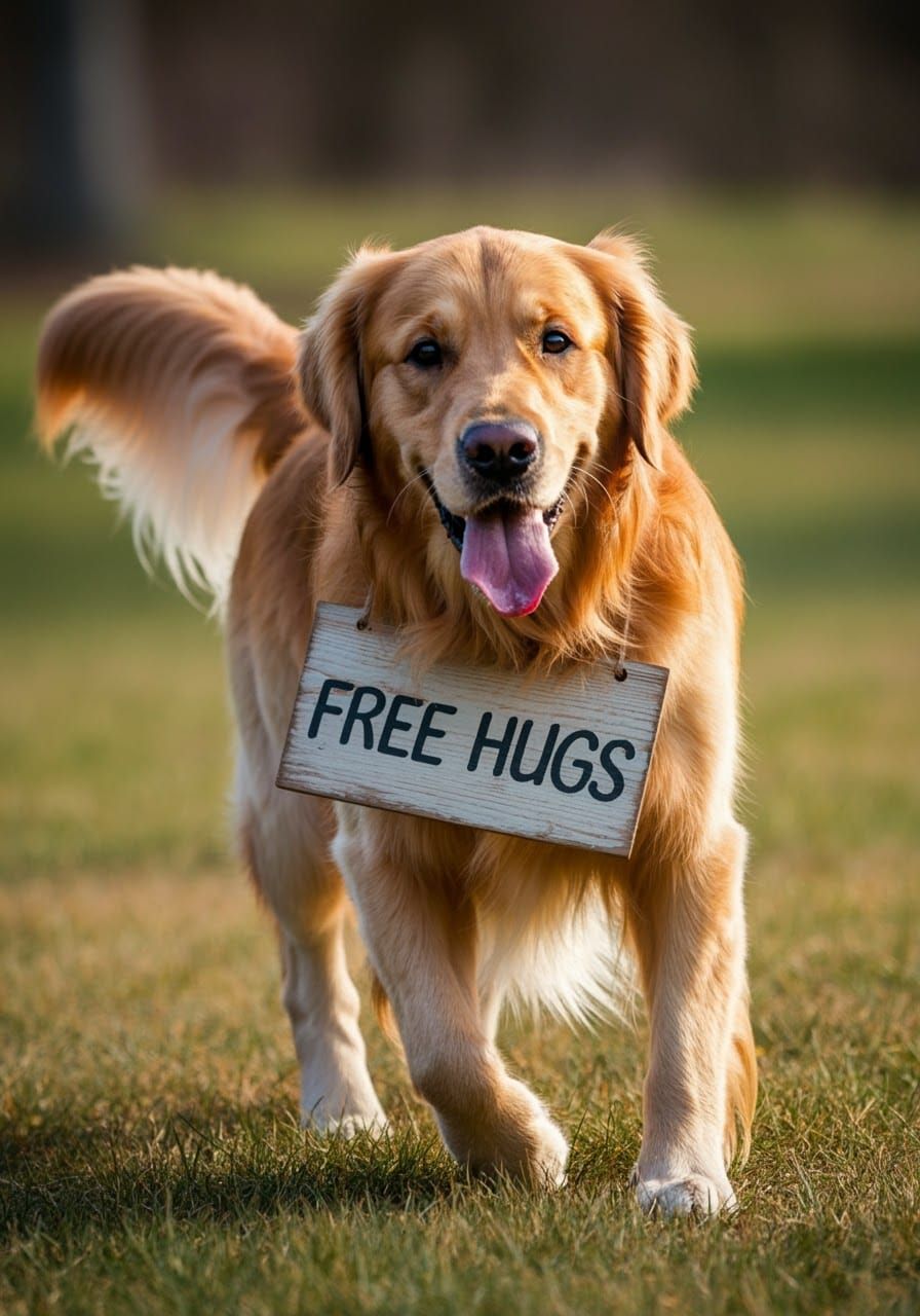 Golden Retriever Offering Free Hugs in Rockwell Style