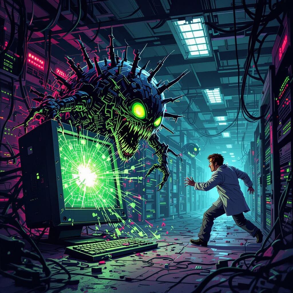 Mechanical Virus Escapes Computer Screen into Dystopian Lab