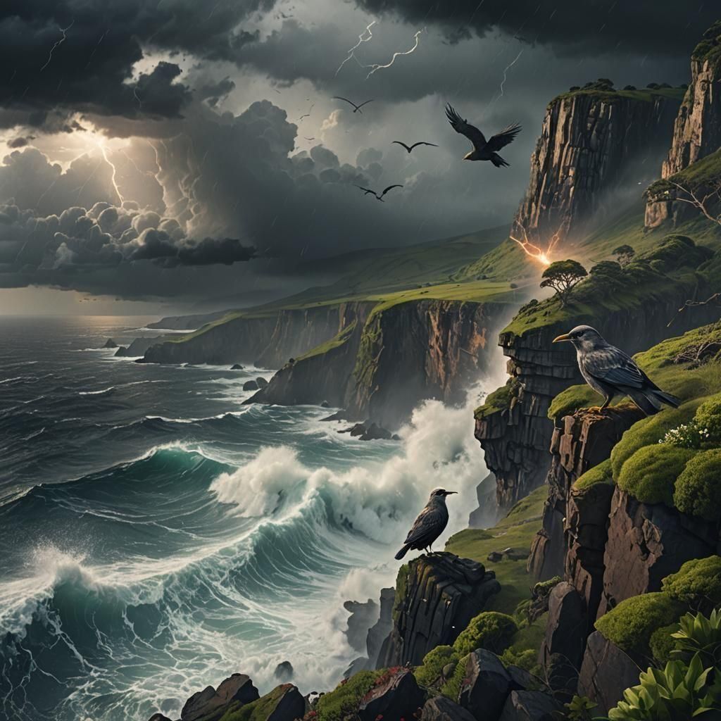 Bird on Cliffside During Rage Ocean Storm