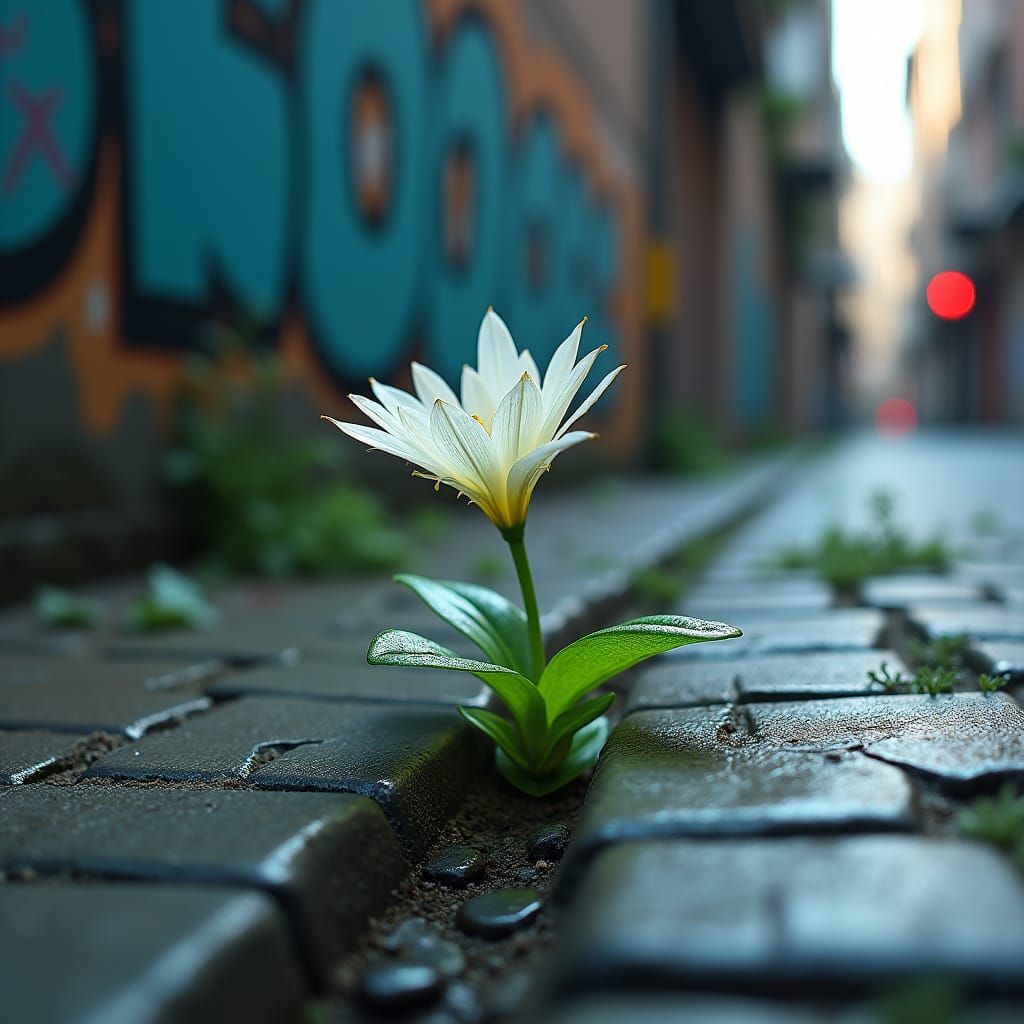 White Flower Emerges from Cracked Sidewalk: Matte Painting