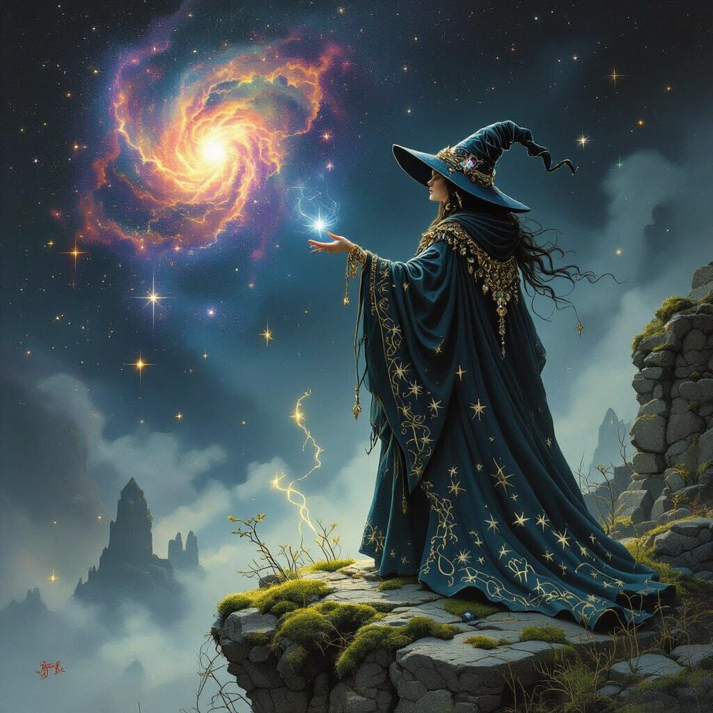 Mystical Witch Gazing at Nebula in Expressive Style
