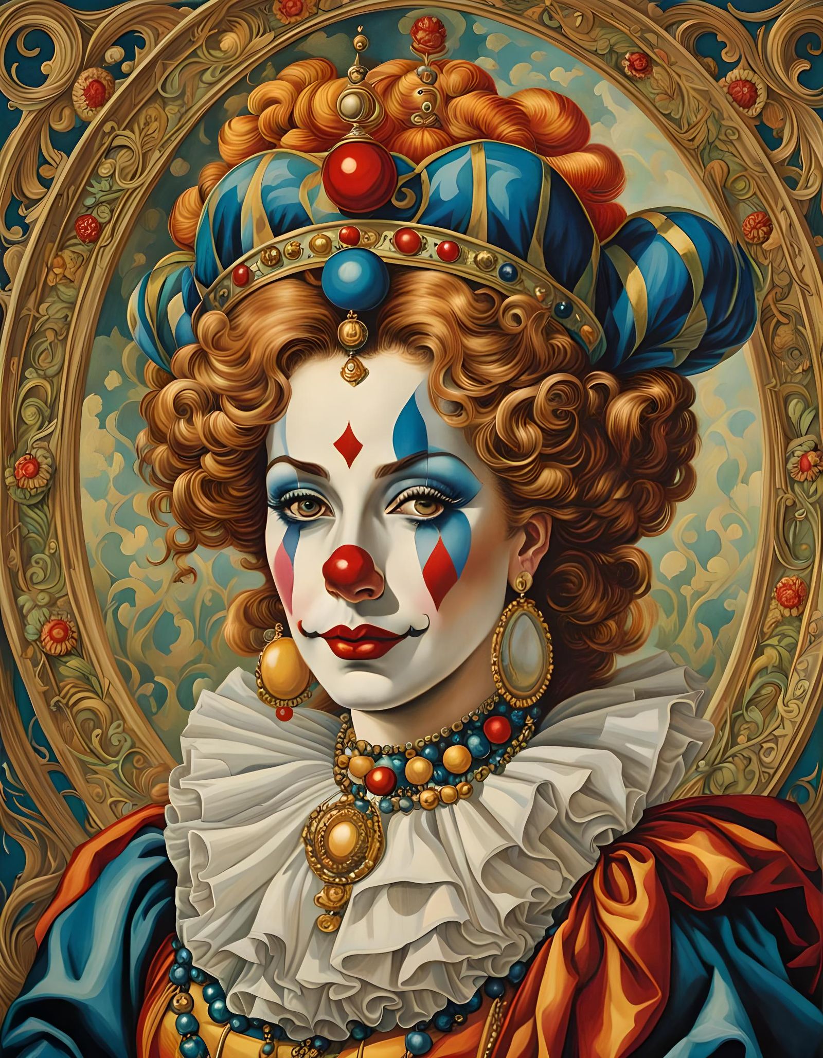 Clown Queen Portrait in Art Nouveau Style