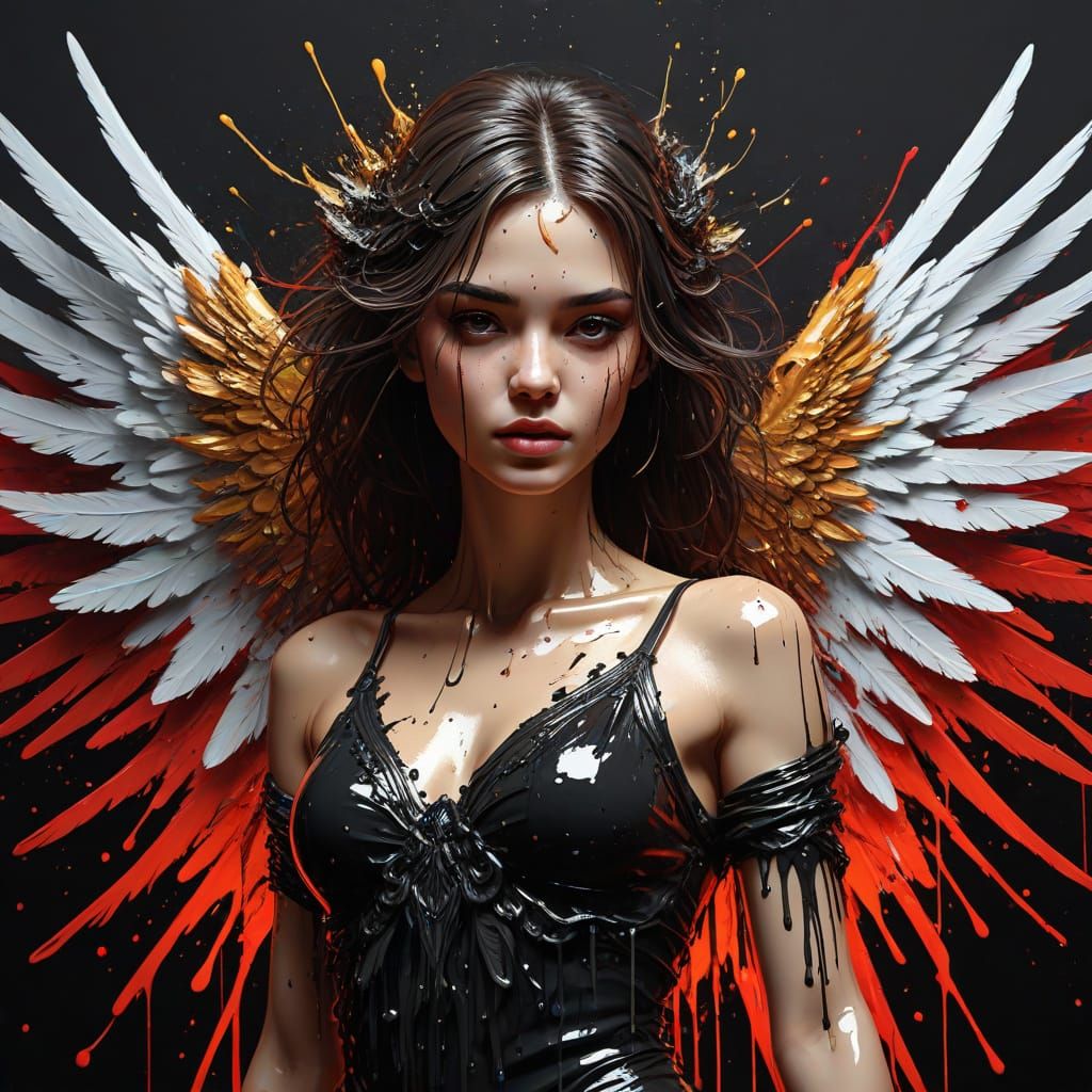 Angel with intricate feathered wings. masterpiece, oil painting, high definition, accent lighting, contrasted with brigh...