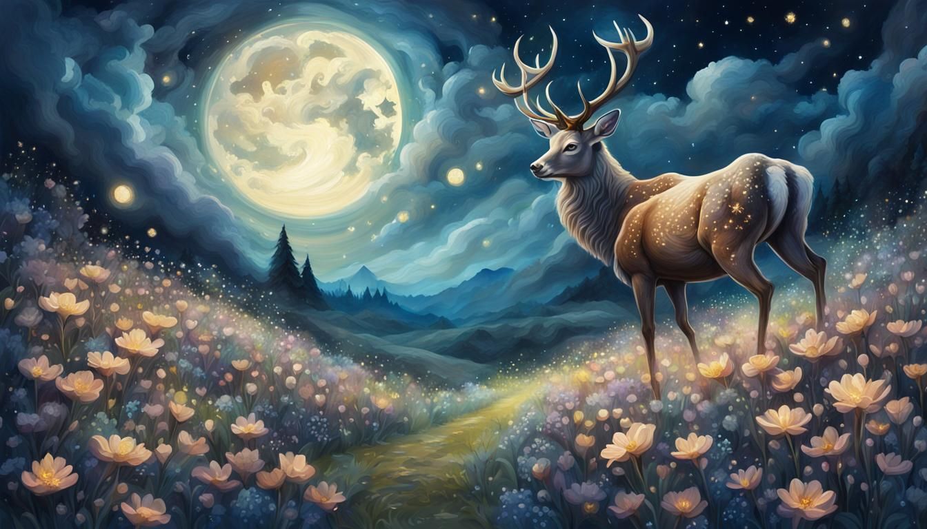Fantasy Stag in Moonlit Flower Field Landscape