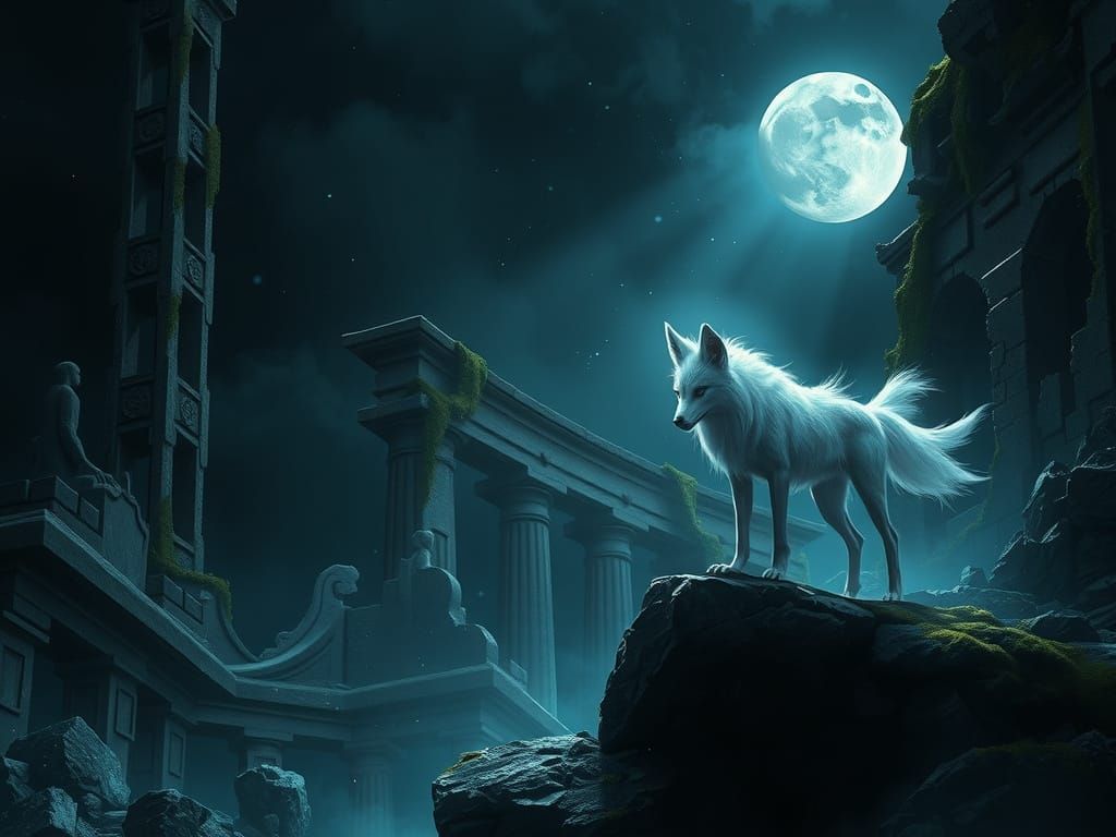 Nine-Tailed Kitsune in Ancient Ruins