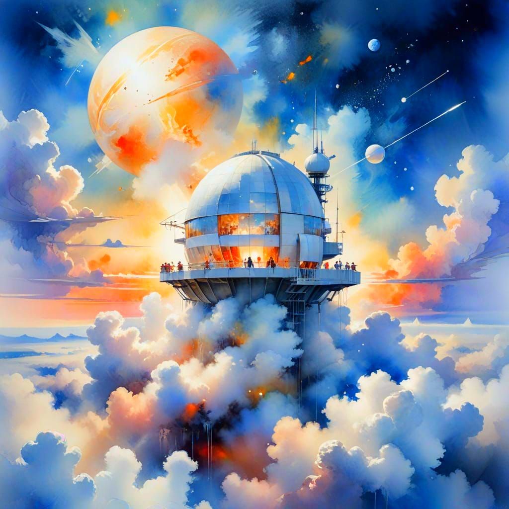 Celestial Observatory Above Clouds in Watercolour Style