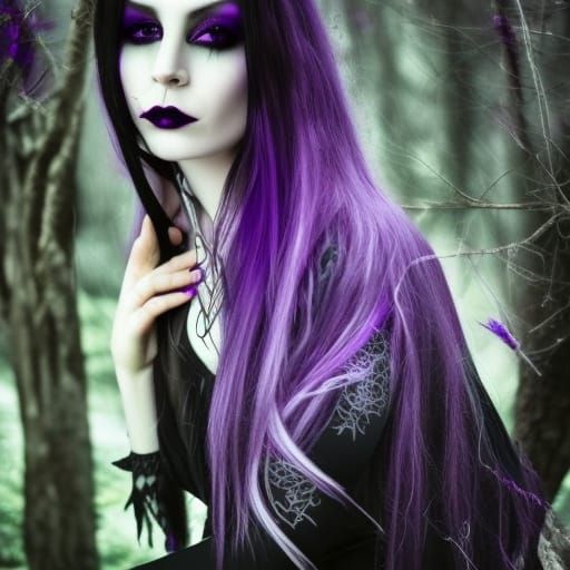 Dark fantasy ethereal Gothic witch with long purple hair with lavender highlights& purple eyes& purple eyeshadow& Black ...