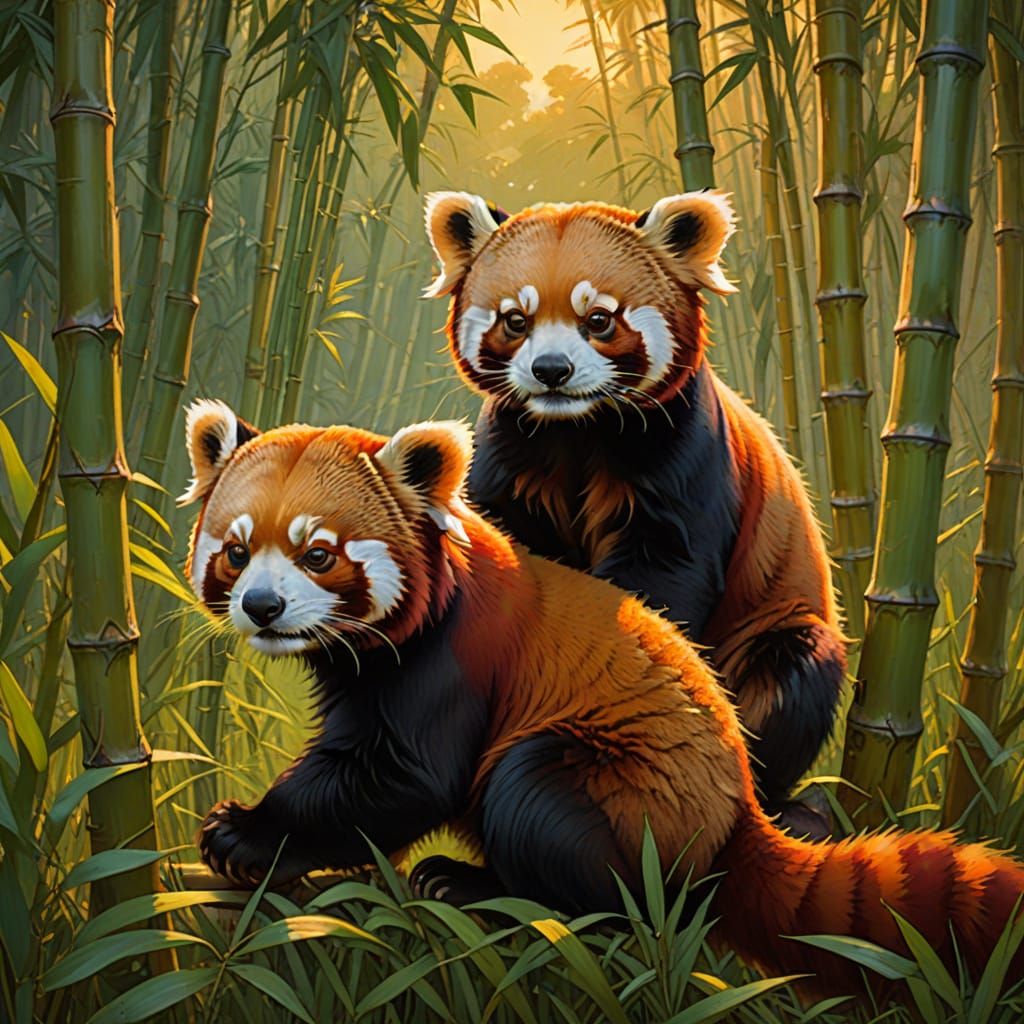 Red Pandas Planting Bamboo in Art Nouveau Style