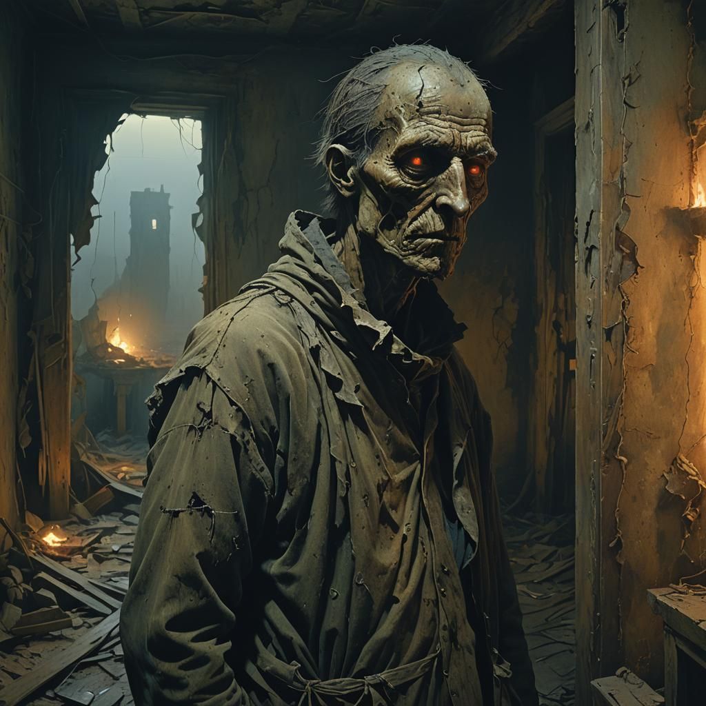 Haunting Figure in Abandoned Room, Surrealist Style