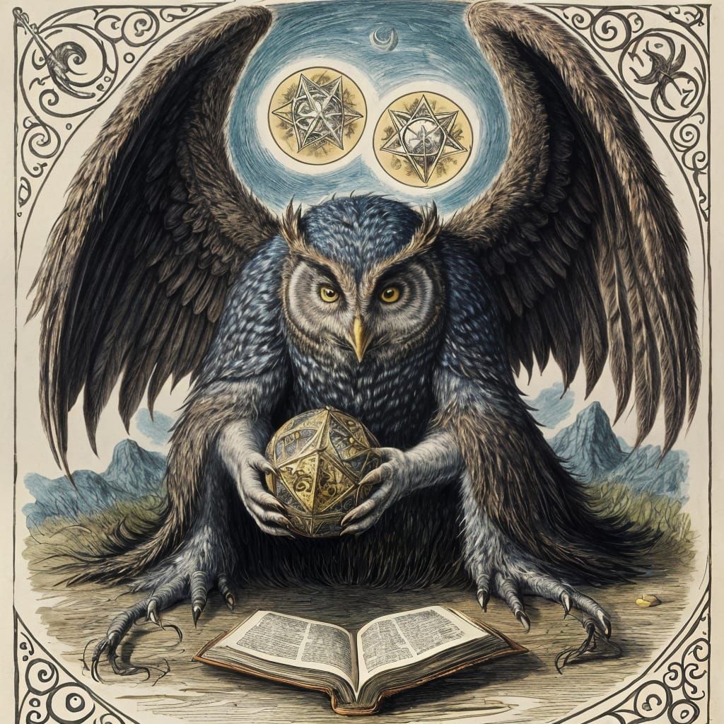 Owlkin Mage Summons Familiar, William Blake Style