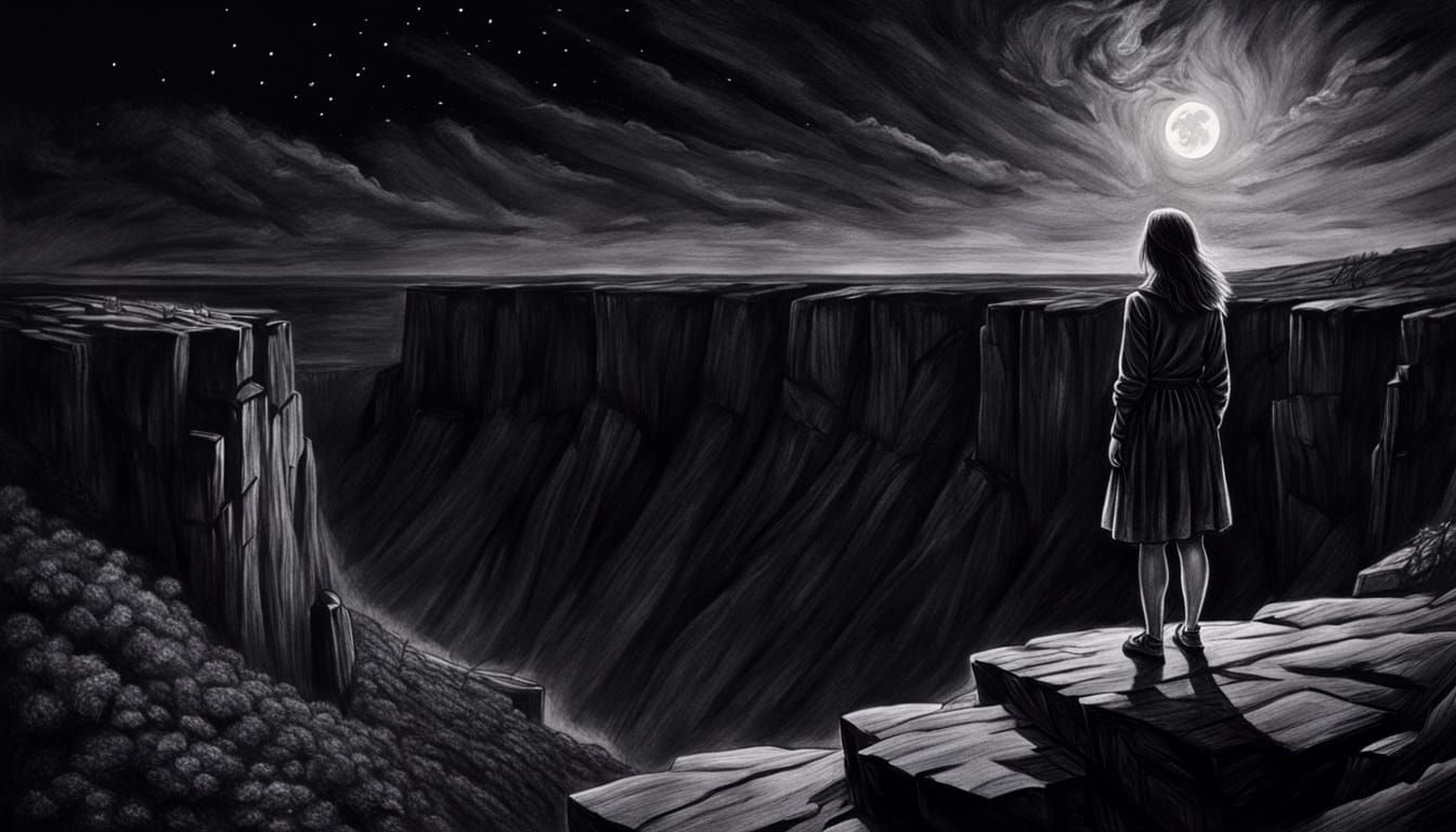 Tiny Figure on a Dark Cliff: A Haunting Charcoal Study