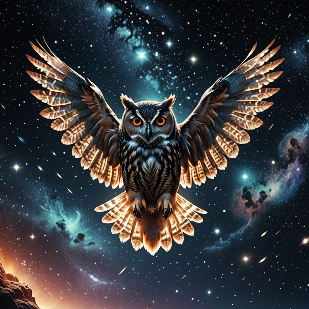 Owl with Galaxy Eyes Flies Among the Stars
