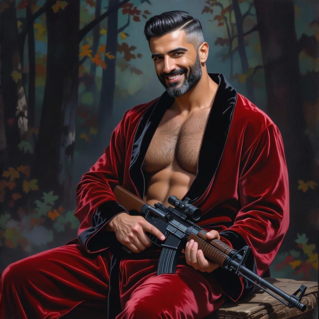 Handsome Man with Machine Gun in Autumn Forest