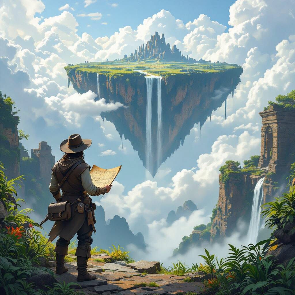 Explorer on Floating Island: Detailed Matte Painting