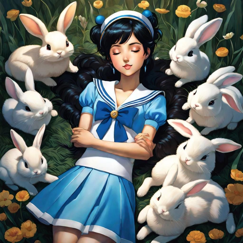 Sailor Mercury Moon Sleeping with Rabbits